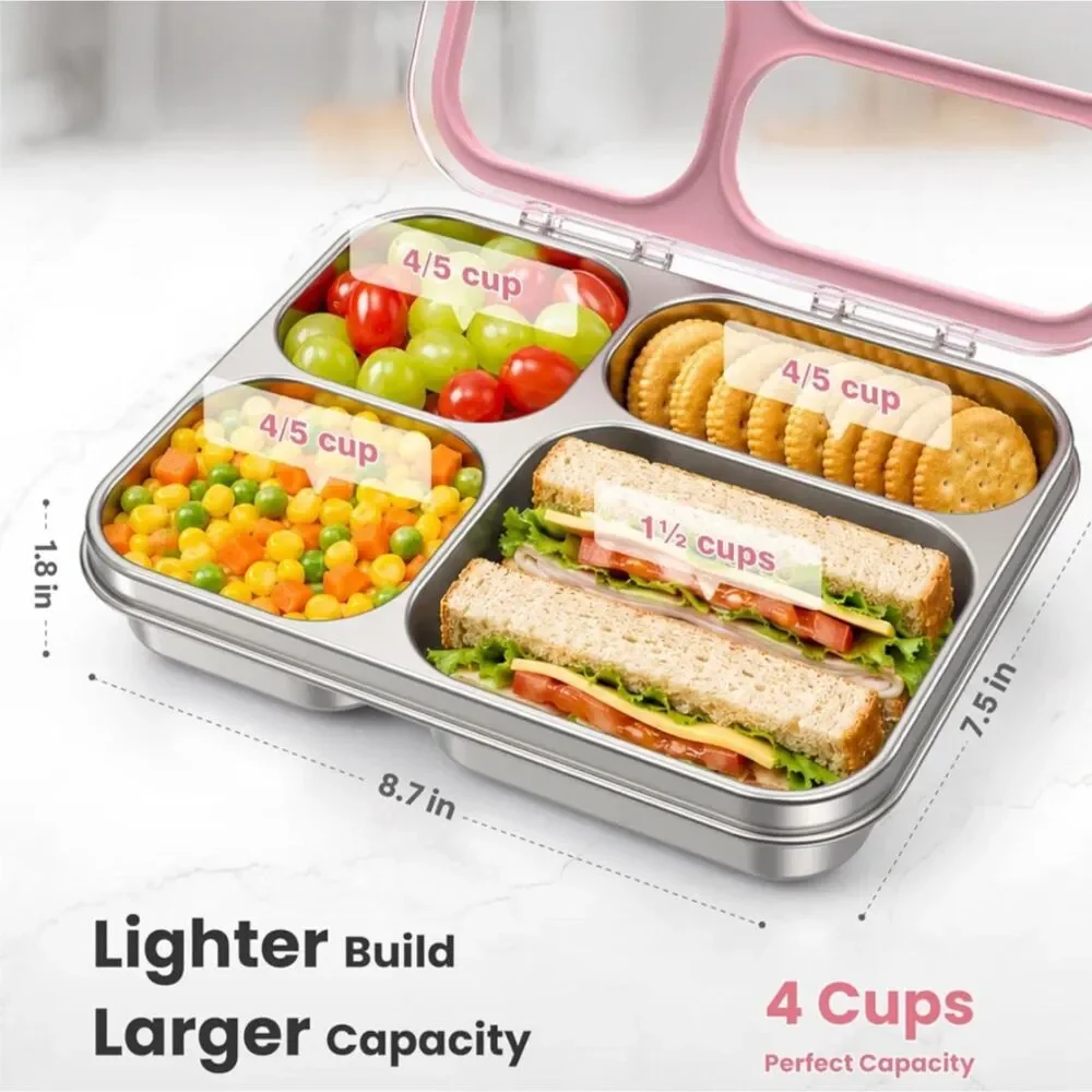 NEW Stainless Steel Bento Lunch Box 4 Cups Pink